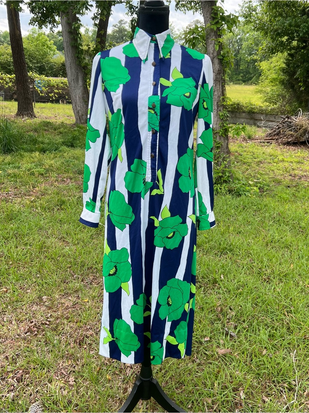 Vintage 70s Wilroy Traveller Retro Floral Striped Midi Shirt Dress Size M